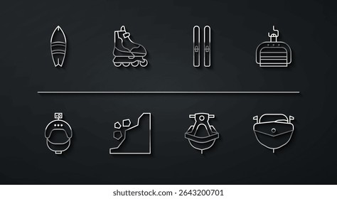 Set line Surfboard, Helmet and action camera, Ski lift, Jet ski, Landslide, Roller skate, Speedboat and sticks icon. Vector