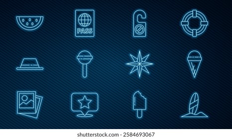 Set line Surfboard, Ice cream in waffle cone, Please do not disturb, Lollipop, Man hat with ribbon, Watermelon, Wind rose and Passport icon. Vector