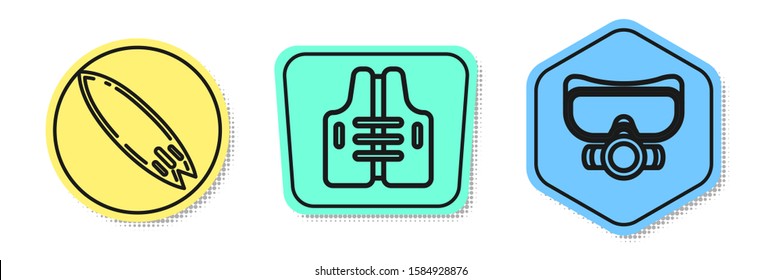 Set line Surfboard, Life jacket and Diving mask. Colored shapes. Vector