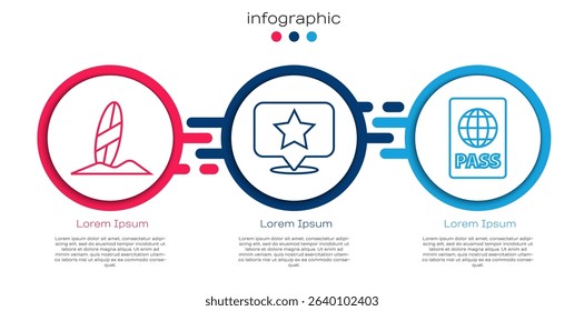 Set line Surfboard, Map pointer with star and Passport. Business infographic template. Vector