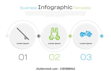 Set line Surfboard, Parachute and All Terrain Vehicle or ATV motorcycle. Business infographic template. Vector
