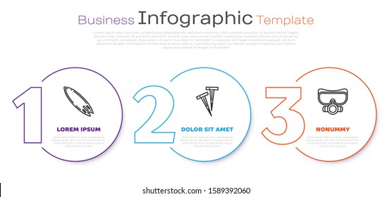 Set line Surfboard, Pegs for tents and Diving mask. Business infographic template. Vector