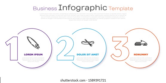 Set line Surfboard, Rafting boat and Snowmobile. Business infographic template. Vector