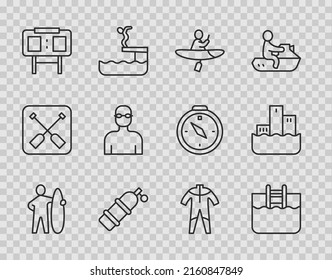 Set line Surfboard, Swimming pool with ladder, Kayak and paddle, Aqualung, Sport mechanical scoreboard, Swimmer, Wetsuit for scuba diving and Winner podium icon. Vector
