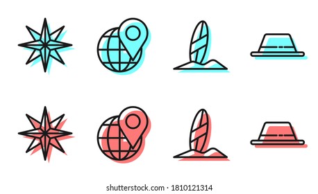 Set line Surfboard, Wind rose, Location on the globe and Man hat with ribbon icon. Vector