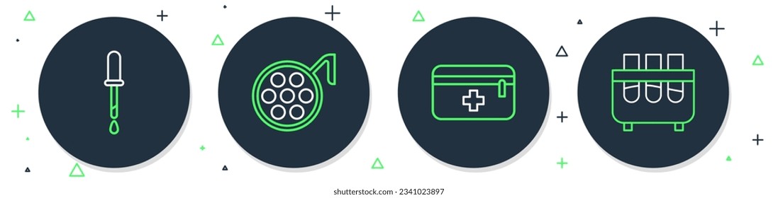 Set line Surgery lamp, First aid kit, Pipette and Test tube and flask icon. Vector