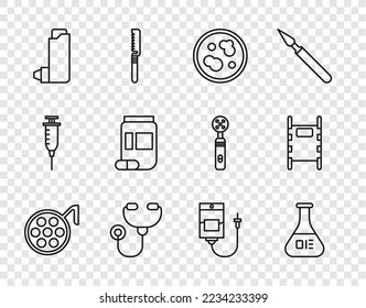 Set line Surgery lamp, Test tube and flask, Petri dish with bacteria, Stethoscope, Inhaler, Medicine bottle pills, IV bag and Stretcher icon. Vector