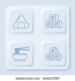 Set line Sushi, Sushi, Asian noodles in bowl and chopsticks and Sushi. White square button. Vector