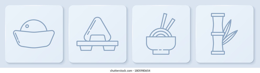 Set line Sushi, Asian noodles in bowl, Sushi on cutting board and Bamboo. White square button. Vector