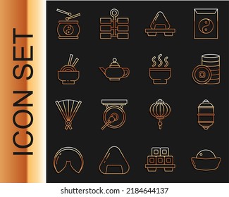 Set line Sushi, Chinese paper lantern, Yuan currency, on cutting board, tea ceremony, Asian noodles bowl, drum and  icon. Vector