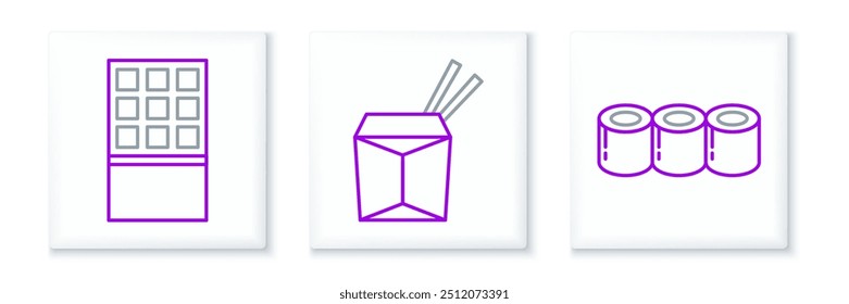 Definir linha Sushi, Barra de chocolate e macarrão asiático e ícone de pauzinhos. Vetor
