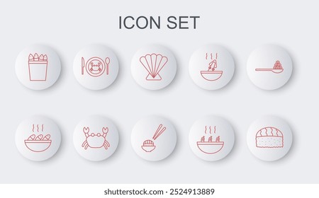 Set line Sushi, sopa de pescado, concha de mar de vieira, sopa con camarones, pescados de cubo de pesca, cangrejo servido en el plato, cangrejo e icono. Vector