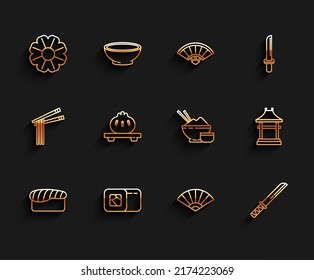 Set line Sushi, Flower, Paper chinese or japanese folding fan, Traditional Japanese katana, Dumpling cutting board, Gate and Rice bowl with chopstick icon. Vector
