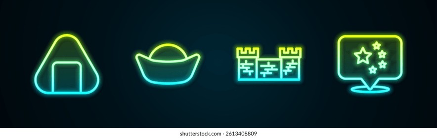 Set line Sushi, , Great wall of China and flag. Glowing neon icon. Vector
