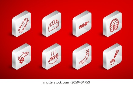 Set line Sushi, Grilled fish steak, Fish, Shrimp, Sea cucumber, soup and with caviar icon. Vector