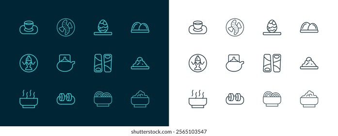 Set line Sushi, Guotie, Asian noodles in bowl, Traditional tea ceremony, Chinese egg, Soy sauce and Served cucumber plate icon. Vector