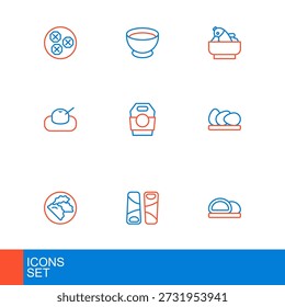 Set line Sushi, Guotie, Dumpling, huevo de pollo, Mochi, fideos asiáticos caja de papel, arroz con tazón de pescado y salsa de soja icono. Vector