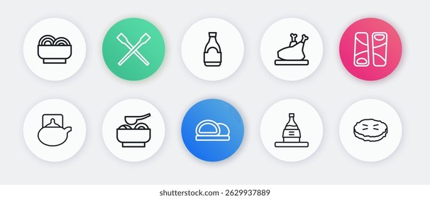 Set line Sushi, Guotie, Traditional tea ceremony, Bottle of sake, Roasted turkey or chicken, Soy sauce bottle, Homemade pie and Ramen soup bowl icon. Vector