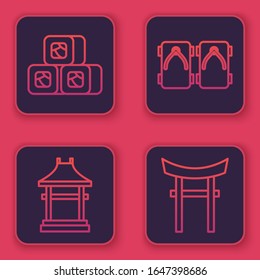 Set Linie Sushi, Japan Gate, Geta traditionelle japanische Schuhe und Japan Tor. Blauer Quadrat-Knopf. Vektorillustration