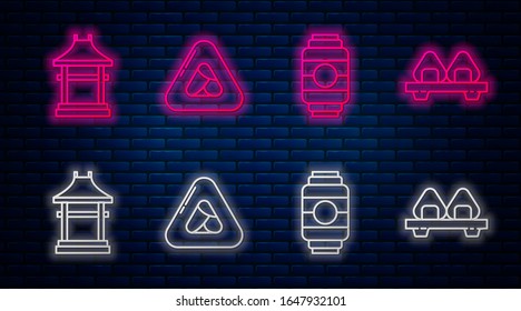 Set line Sushi, Japanese paper lantern, Japan Gate and Sushi on cutting board. Glowing neon icon on brick wall. Vector