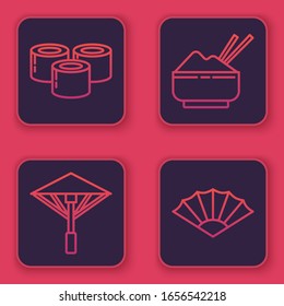 Set line Sushi, Japanese umbrella from the sun, Rice in a bowl with chopstick and Paper chinese or japanese folding fan. Blue square button. Vector