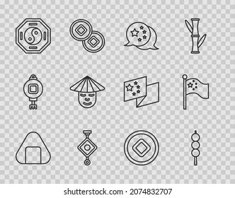 Set line Sushi, Meatballs on wooden stick, China flag, Chinese paper lantern, Yin Yang, man, Yuan currency and flagpole icon. Vector