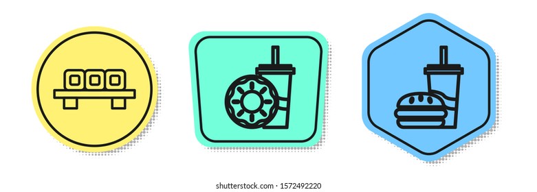 Set line Sushi on cutting board, Paper glass with drinking straw and donut and Paper glass with drinking straw and burger. Colored shapes. Vector