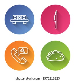 Set line Sushi on cutting board, Knife, Food ordering pizza and Taco with tortilla. Color circle button. Vector