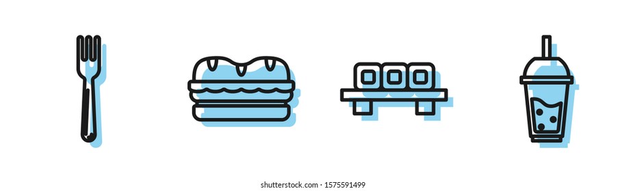 Set line Sushi on cutting board, Fork, Sandwich and Glass of lemonade with drinking straw icon. Vector