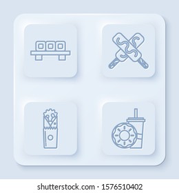 Set line Sushi on cutting board, Ice cream, Doner kebab and Paper glass with drinking straw and donut. White square button. Vector