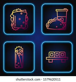 Set line Sushi on cutting board, Doner kebab, Sandwich and Paper glass and taco with tortilla. Gradient color icons. Vector