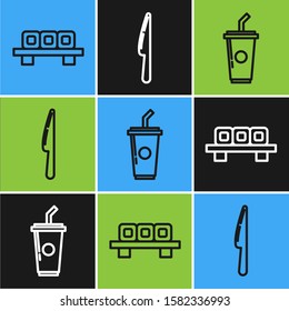 Set line Sushi on cutting board, Paper glass with drinking straw and water and Knife icon. Vector