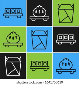 Set line Sushi on cutting board, Rstaurant opened take out box filled and Dumpling on cutting board icon. Vector