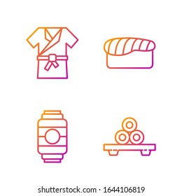 Set line Sushi on cutting board, Japanese paper lantern, Japanese costume Kimono and Sushi. Gradient color icons. Vector