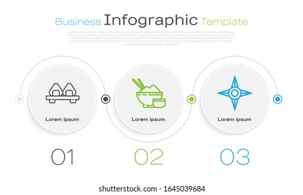 Set line Sushi on cutting board, Rice in a bowl with chopstick and Japanese ninja shuriken. Business infographic template. Vector