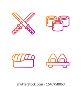 Ponga la línea Sushi en la tabla de corte, Sushi, tradicional katana japonesa y sushi. Iconos de color degradado. Vector