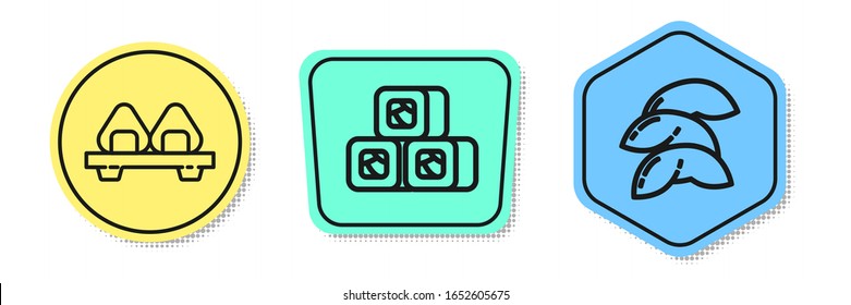 Set line Sushi on cutting board, Sushi and Chinese fortune cookie. Colored shapes. Vector