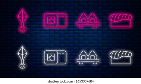 Set line Sushi, Sushi on cutting board, Japanese ninja shuriken and Sushi. Glowing neon icon on brick wall. Vector
