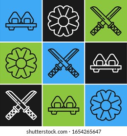 Sushi auf Schnittbrett, traditionelles japanisches Katana- und Blumensymbol setzen. Vektorillustration