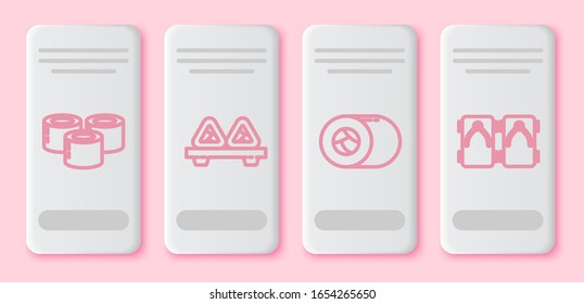 Set line Sushi, Sushi on cutting board, Sushi and Geta traditional Japanese shoes. White rectangle button. Vector