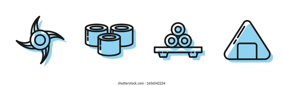 Fije la línea Sushi en la tabla de corte, ninja shuriken japonés, Sushi y Sushi icono. Vector