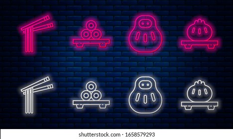 Set line Sushi on cutting board, Maneki neko cat, Asian noodles and chopsticks and Dumpling on cutting board. Glowing neon icon on brick wall. Vector