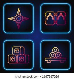 Set line Sushi on cutting board, Sushi, Japanese ninja shuriken and Geta traditional Japanese shoes. Gradient color icons. Vector