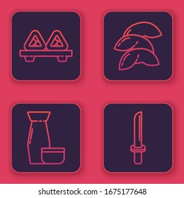 Set line Sushi on cutting board, Traditional Japanese tea ceremony, Chinese fortune cookie and Japanese katana. Blue square button. Vector