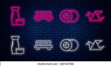Set line Sushi on cutting board, Sushi, Traditional Japanese tea ceremony and Origami bird. Glowing neon icon on brick wall. Vector