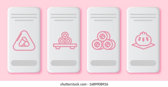 Set line Sushi, Sushi on cutting board, Sushi and Khinkali on cutting board. White rectangle button. Vector