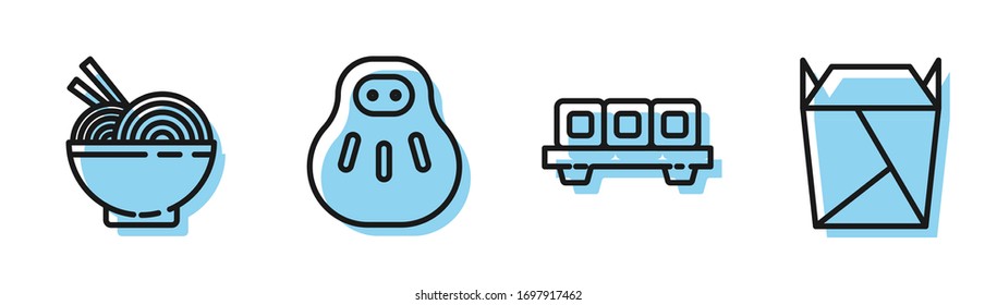 Set line Sushi on cutting board, Asian noodles in bowl and chopsticks, Maneki neko cat and Rstaurant opened take out box filled icon. Vector