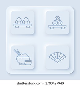 Set line Sushi on cutting board, Sushi on cutting board, Rice in a bowl with chopstick and Paper chinese or japanese folding fan. White square button. Vector