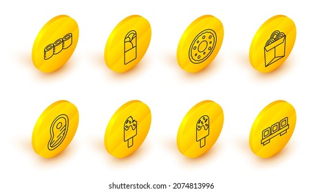 Set line Sushi on cutting board, Ice cream, Steak meat, Noodles box, Donut, Doner kebab and  icon. Vector