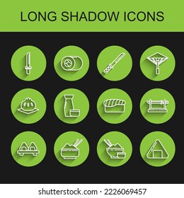 Set line Sushi on cutting board, Rice bowl with chopstick, Japanese katana, Traditional tea ceremony,  and  icon. Vector